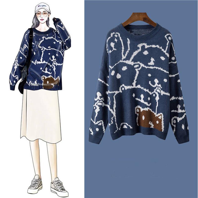 Winter Sweet Jacquard Pullover Sweater Women Loose Long Sleeve Knitted Round Neck Sweater