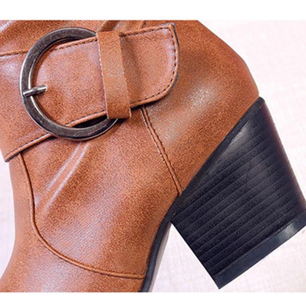 Leather Buckle High-heel Knee-High Boots Women's Leather High Boots Thick-heeled Knight Boots Plus Size 35-43 Cowboy Boots