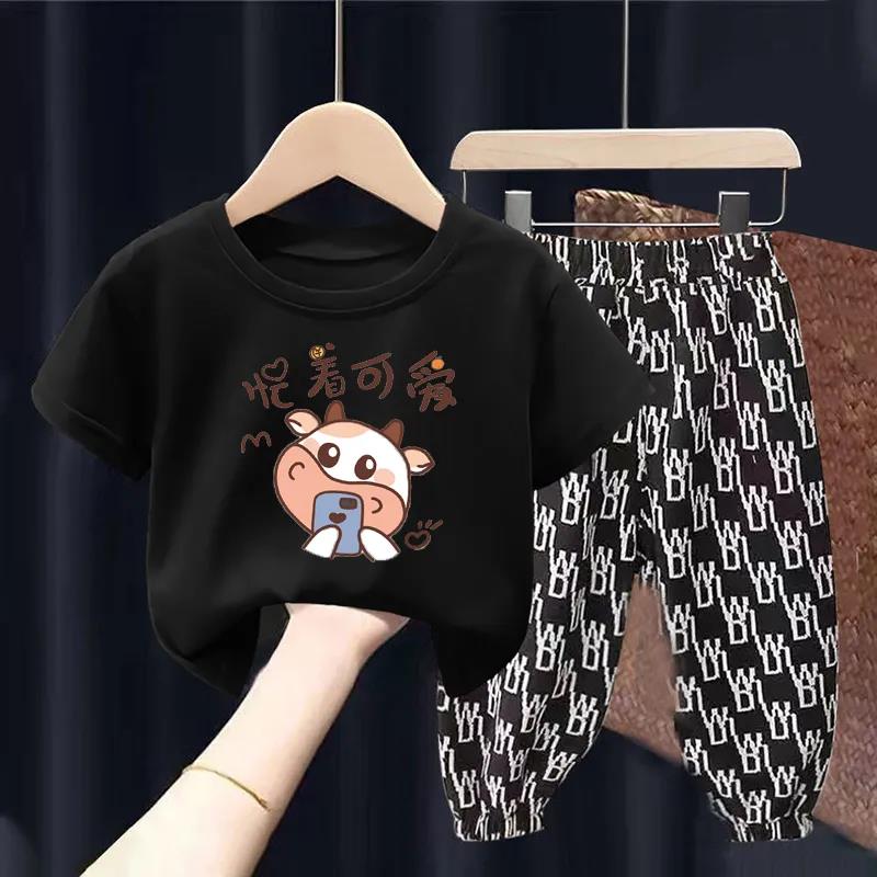 Summer Children's Short-sleeved Suit Boys' T-shirt Girls Middle and Small Children's Baby Cartoon Two-piece Suit