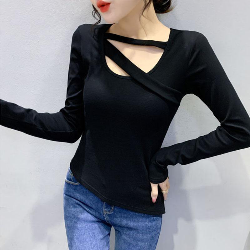 Women's Cotton Irregular Top Bottoming Shirt Spring and Autumn Split Long-sleeved T-shirt