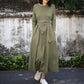 Women‘s Long Dress Women Round Neck Belted Solid Color Long Sleeve Long Dress Plus Size Dress Korean Style
