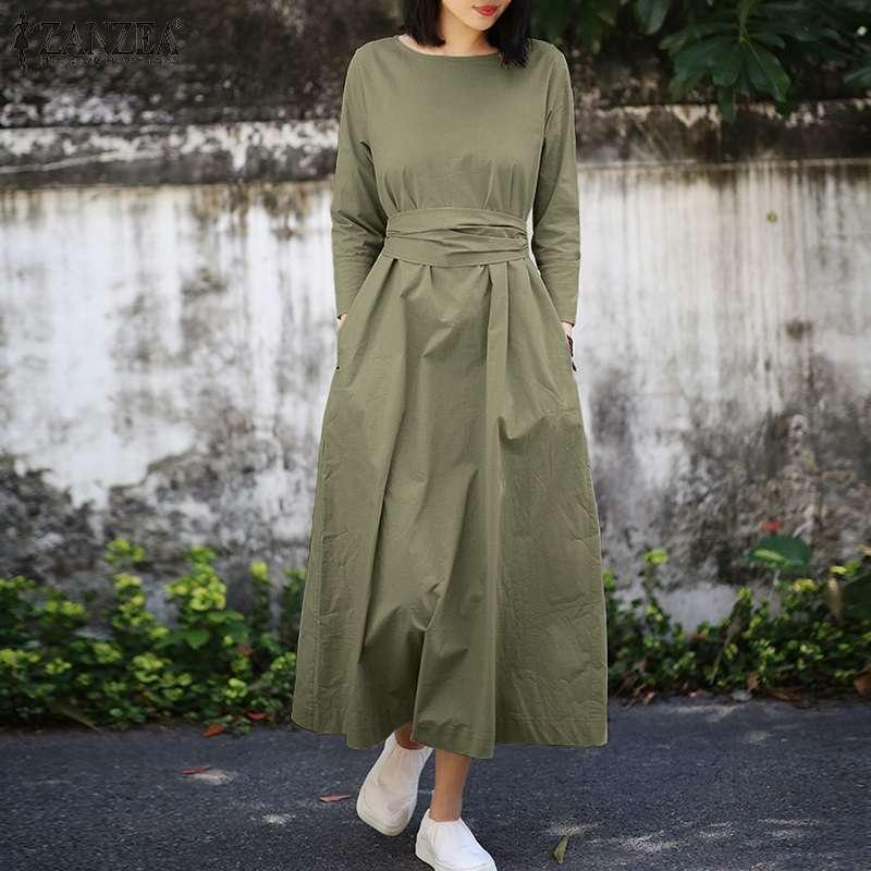 Women‘s Long Dress Women Round Neck Belted Solid Color Long Sleeve Long Dress Plus Size Dress Korean Style