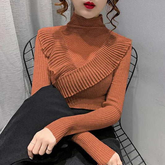 Ruffled Half Turtleneck Sweater Women  Autumn  Winter Wear Lace Style Self-cultivation Hollow Knit Bottoming Shirt Top