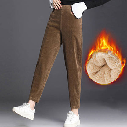 Women Fashion Winter Thicken Plush Corduroy Casual Pants Warm High Waist Trousers