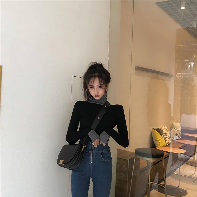 Pofulove Women Turtleneck Hit Color Sweater Long-sleeved Knitted Bottoming Shirt Autumn Winter