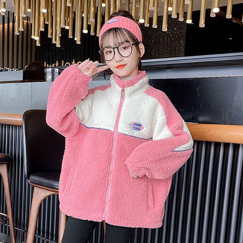 Girls' Jacket Autumn and Winter Clothes Korean Style Quilted Thick Warm Windproof Wool Sweater Top