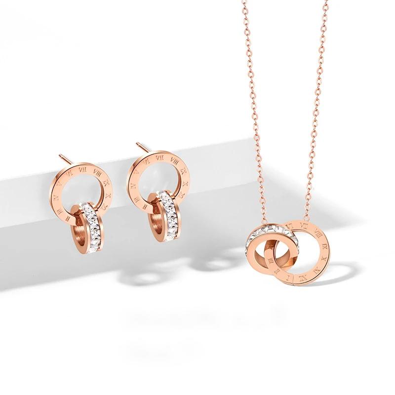 Double Ring Crystal Necklace Bracelet Earring Set Hypoallergenic Jewelry Valentine's Day Gift for Girlfriend Luxury Jewelry Set with Diamonds