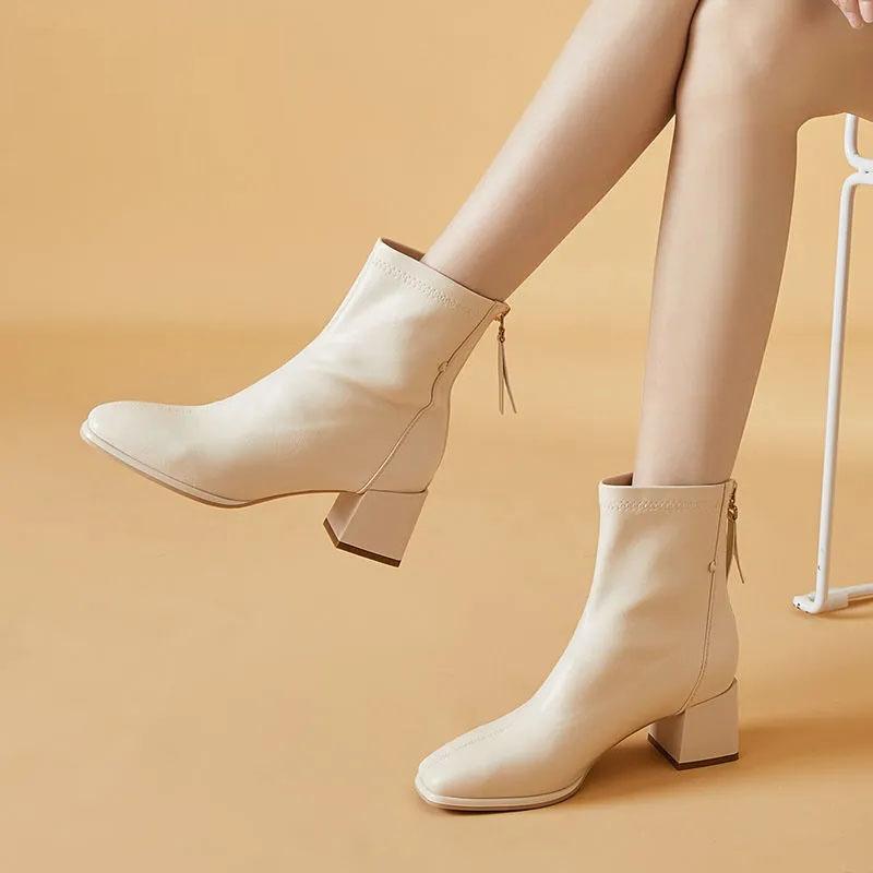 Chelsea Boots Women Short Boots Square Toe Autumn and Winter Black Snow Boots Plus Velvet Warm Cotton Boots