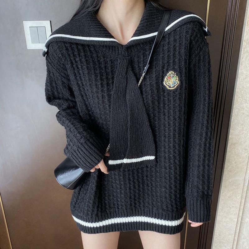 Autumn  Winter Navy Collar College Style Loose Pullover Sweater Women's Mid-length Outer Knit Jacket Jacket