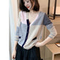 Color-block Knit Sweater Long-sleeved Loose V-neck Sweater Cardigan Jacket Female Spring and Autumn Korean Version of All-match Thin Top