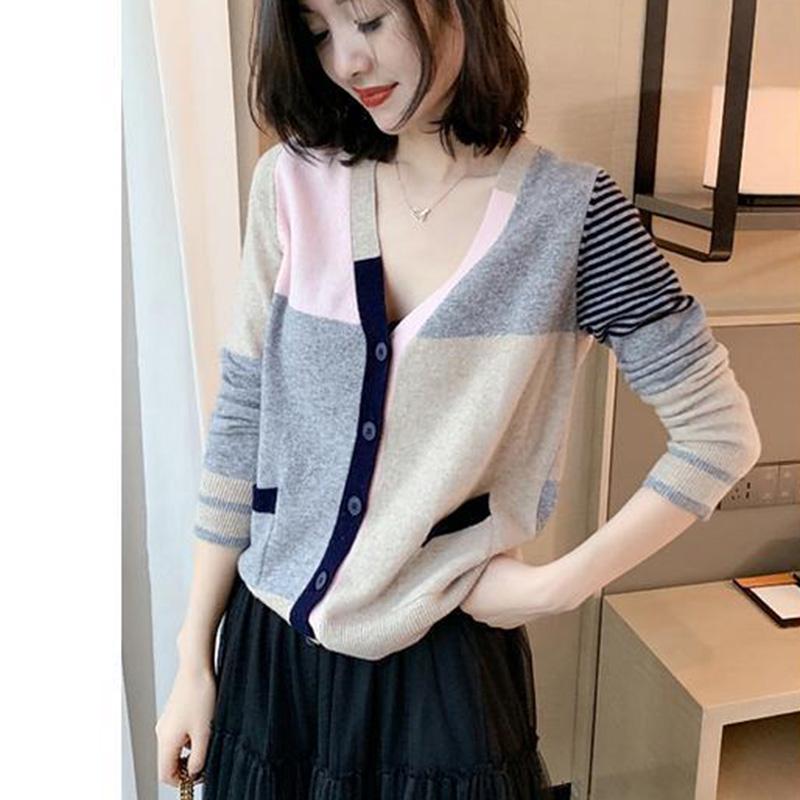 Color-block Knit Sweater Long-sleeved Loose V-neck Sweater Cardigan Jacket Female Spring and Autumn Korean Version of All-match Thin Top