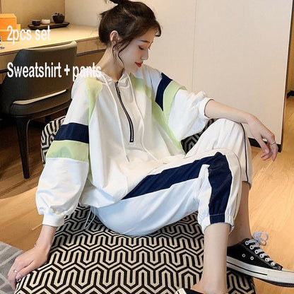 Joker Long -Sleeved Casual Sweatshirt Set Large Size Spring And Autumn Women 'S Clothing 2pcs Set