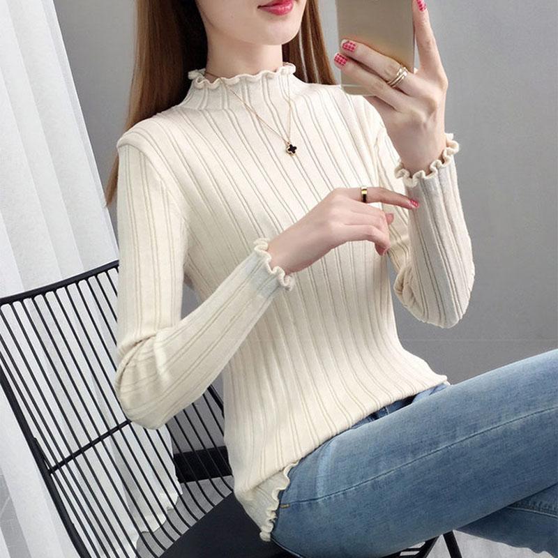 Autumn and Winter Knitted Casual Sweater Long-sleeved Slim-fit Pullover Bottoming Shirt Half High Neck Women's Sweater