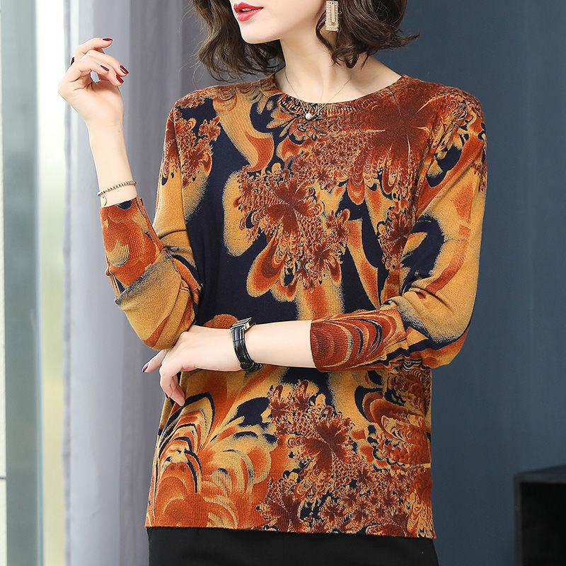 Women's Printed Knit Sweater High-end Cashmere Sweater Round Neck Ethnic Base Sweater Plus Size Warm Pullover Jumper