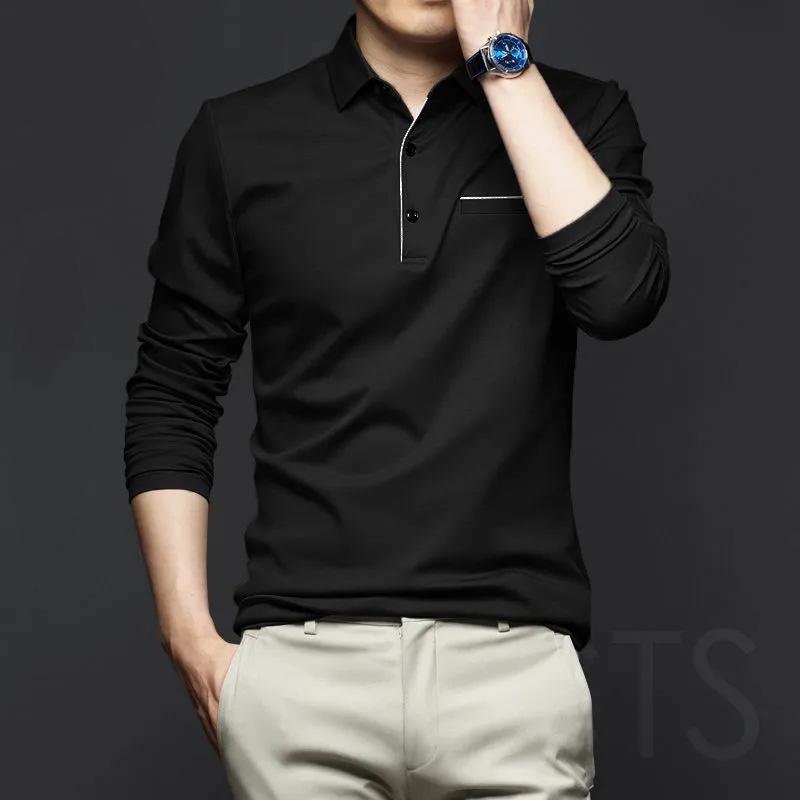 Spring Men's Cotton Polo Shirt Lapel Long Sleeve T-Shirt Men's Long Sleeves Solid Color Business Casual Top High Quality Shitt