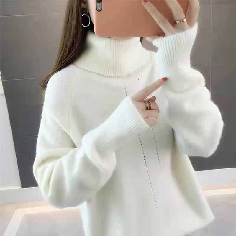 Women Black Turtleneck Thicken Warm Pullover Sweater Loose Office Short Bottoming Shirt