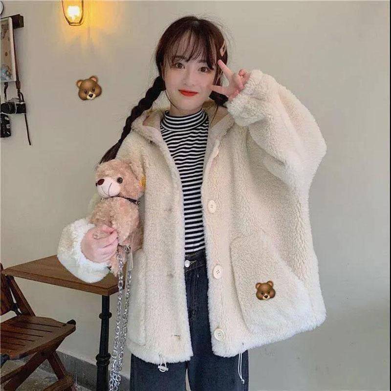 Autumn and Winter Lamb Fur Hooded Jacket Female Students Casual All-match Thickened Polar Fleece Cardigan Cute Rabbit Ears Plush Jacket