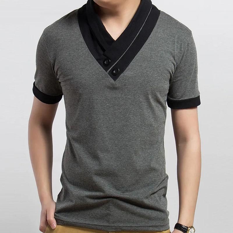 Short-sleeved Men's T-shirt Slim Fit Plus Fat Plus Size Men's Trend Stitching Contrast Color Loose Half-sleeve V-neck