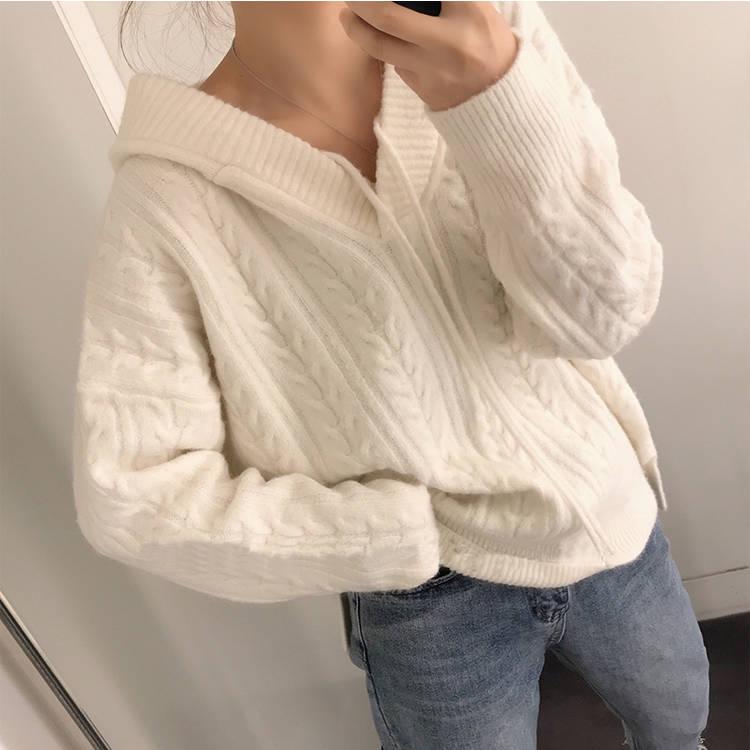 Pofulove Autumn Winter Solid Color Loose Korean Twist Hooded V-neck Sweater Women's Base Shirt