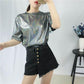 Ladies T-shirt Reflective Summer Short Sleeve Personality Tops Women Loose Shiny T Shirt