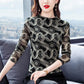 Women's Spring and Autumn Long-sleeved V-neck Slim Bottoming Shirt Printed Top