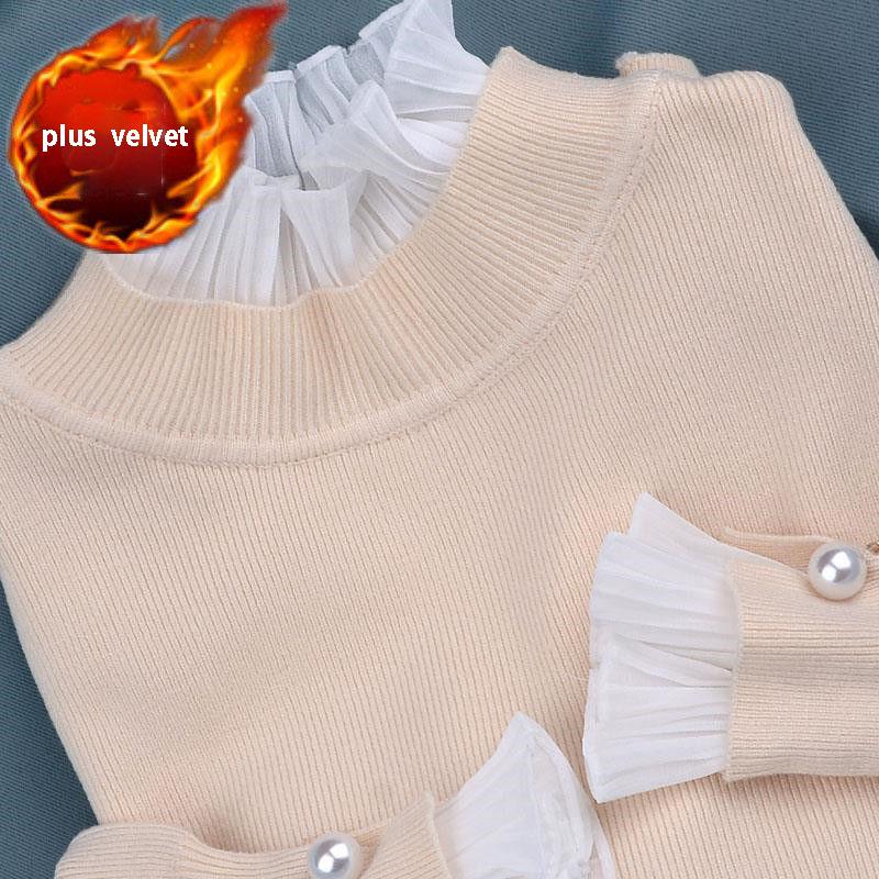 Plus Velvet Thick Warm Sweater Women  Ruffles Lace Stitching Collar Pullover Sweater Short Stretchable Slim Knitwear Jumper