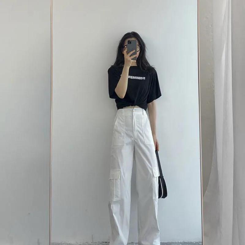 White Retro BF Harajuku Style Overalls Women's High-waisted Thin Waist Pants Casual Long Pants Tide