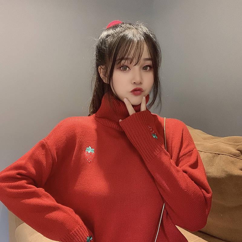 Winter Long-sleeved Loose Strawberry Embroidered Turtleneck Sweet Girl Was Thin Sweater