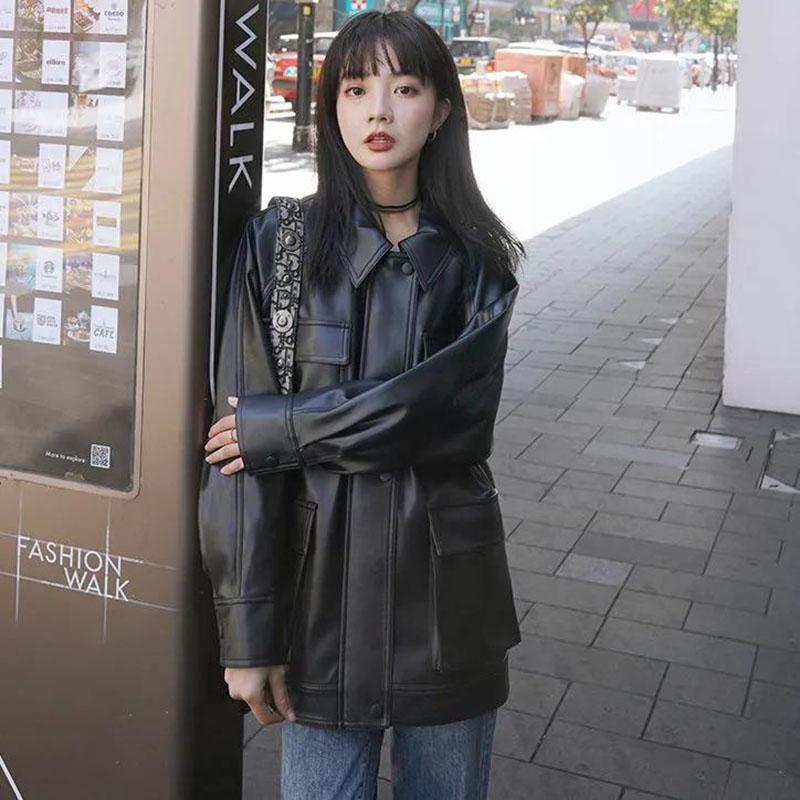 Autumn and Winter Leather Jacket Retro Loose Motorcycle Jacket Plus Velvet Thickening Mid-length Women's Leather Jacket