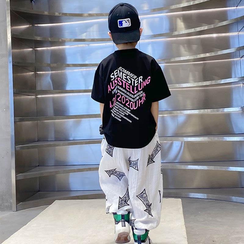 Thin Boys Summer Breathable Sweat-absorbing Short Sleeves + Loose Pants Suits Casual Street Dance Clothes Cool Children's Two-piece Set