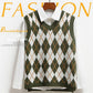 College Style Loose Vest All-match Diamond Check Sweater Splicing Color Sleeveless Fashion Sweater