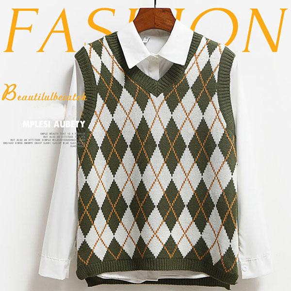College Style Loose Vest All-match Diamond Check Sweater Splicing Color Sleeveless Fashion Sweater