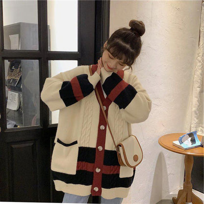 Spring  Autumn Students Loose Casual Fashion Sweater Women's Jacket Knitted Cardigan V-neck Long Sleeves