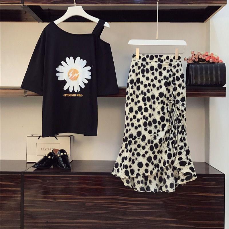 Summer Plus Size Skirt Set Women's Printed Short Sleeve Off-shoulder T-shirt Polka Dot Asymmetric Mermaid Skirt 2 Piece Set