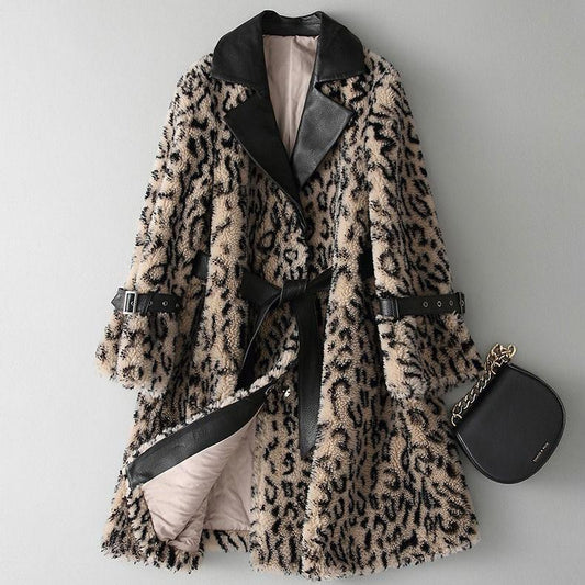 Winter Fashion Warmth Thick Leopard Grain Granular Fleece Faux Mink Fur Coat Women's Mid-length Slim Waist Coat Outwear