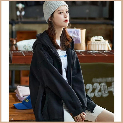 Loose Hooded Sweater Women's Autumn and Winter Coat Short Korean Version Plus Velvet Thick All-match Zipper Cardigan Casual Jacket Top Sportswear