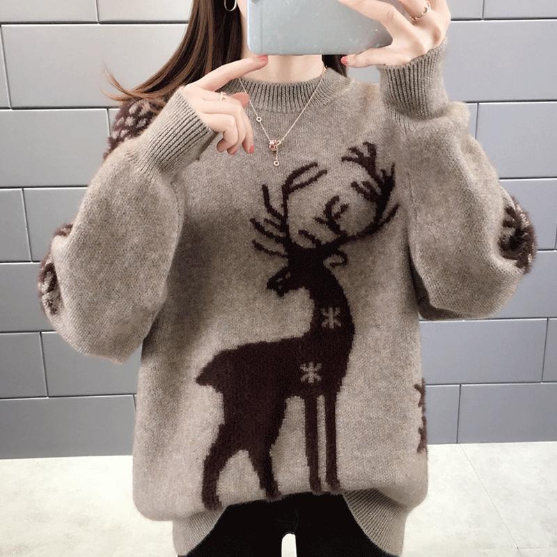 Autumn and Winter Christmas Style Sweater Thick Loose Blouse Half High Collar Female Jacket
