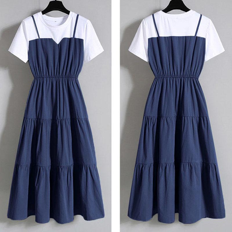 Plus Size Dress Women Summer A-line Long Dress Short-sleeve Pleated Dress