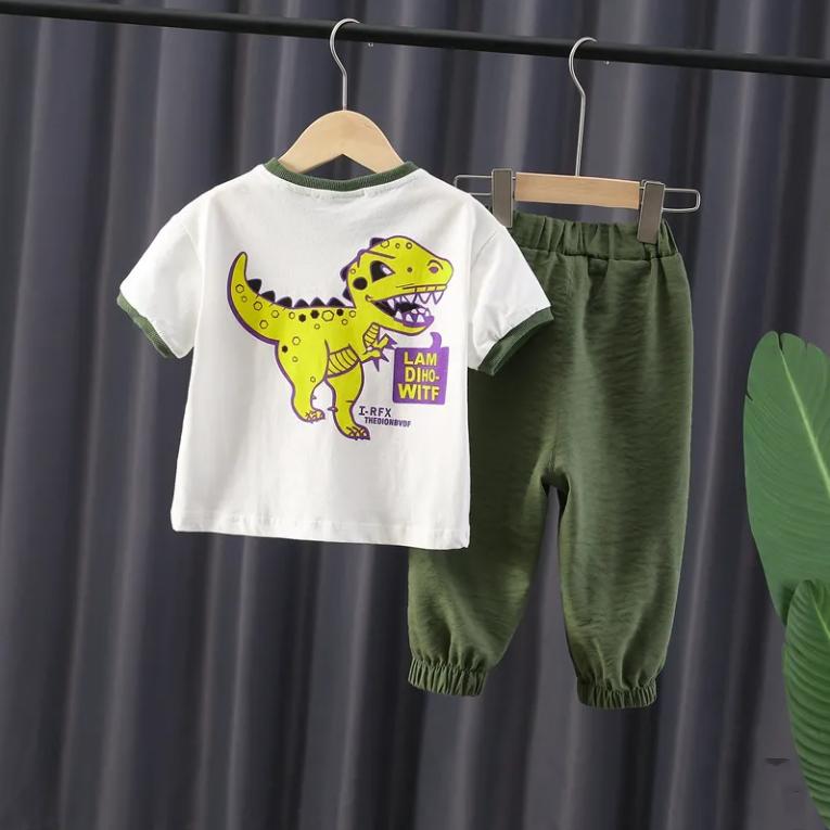Children's Suit Summer Thin Boys' Korean Printed Letter Dinosaur Loose T Shirt Casual Pants Leggings Two Piece Set