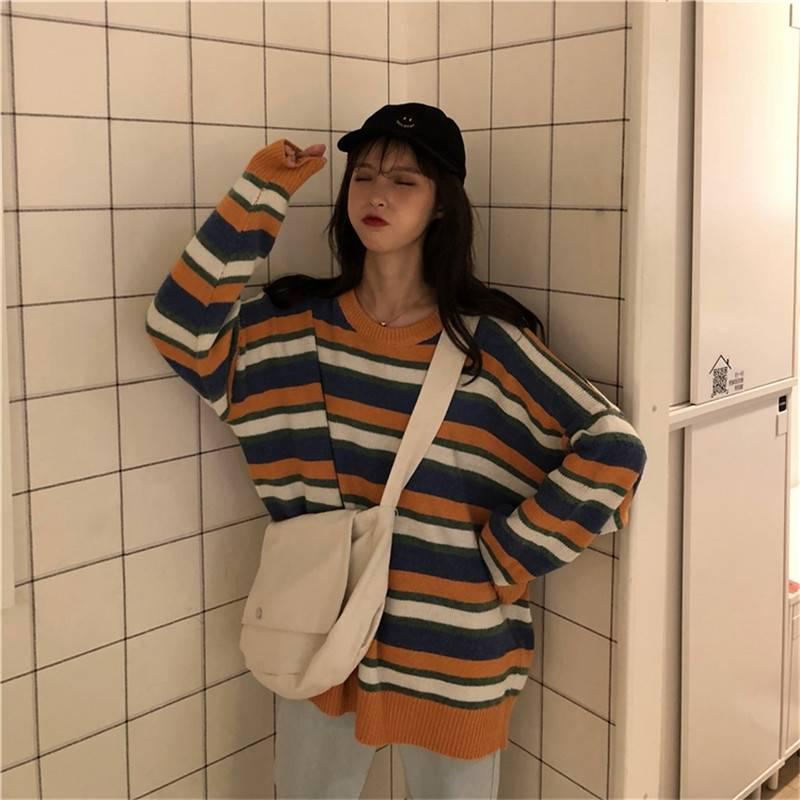 Pofulove Long Contrast Color Striped Sweet Pullover Sweater Sweater Women Sweater Autumn and Winter