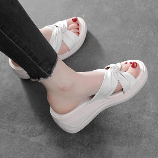 Leather Wedge Slippers Ladies Thick Sole Outer Wear Fashion Summer Flip High Heel Beach Sandals