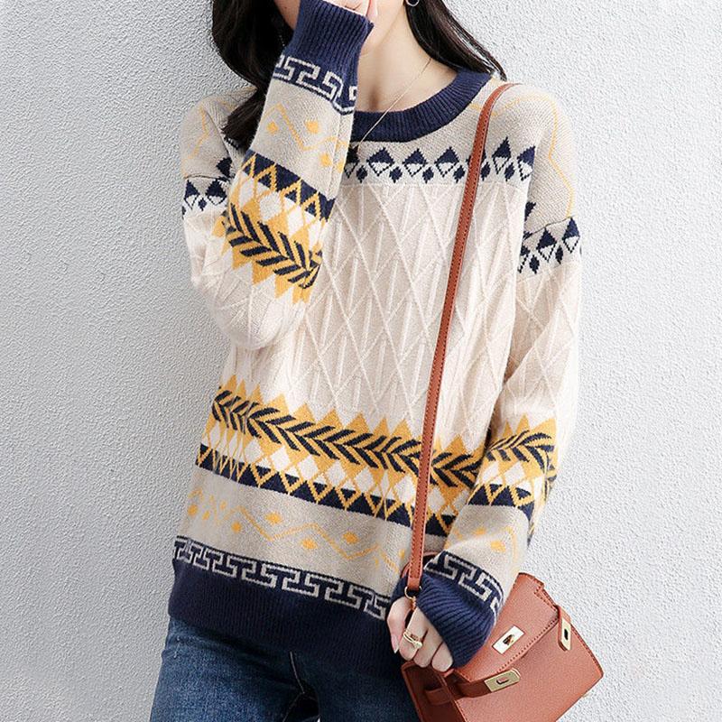 Sweater Women's Pullover Knitwear Korean Loose Plus Velvet Round Neck Tops Trending Lattice Sweater Autumn and Winter Tops