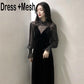Spring and autumn loose mesh splicing V-neck long sleeve suit suspender dress two-piece women