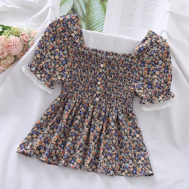 Sweet Square Neck Lace Fungus Edge Floral Chiffon Short Shirt  Women