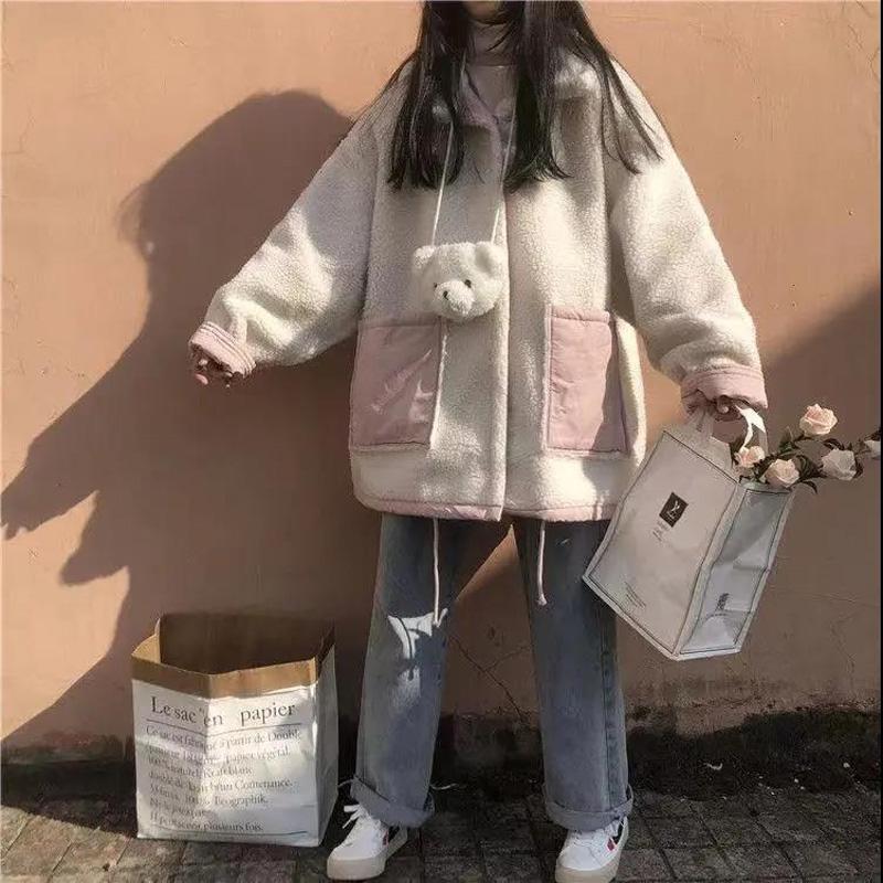 Lamb Fur Lapel Double-sided Cotton Jacket Female Student Korean Version Loose College Style Thick Cotton Jacket