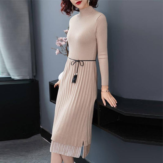 Sweater Dress Women Warm Knitted Slim Dresses Knee-length Sweater Midi Dress Elastic
