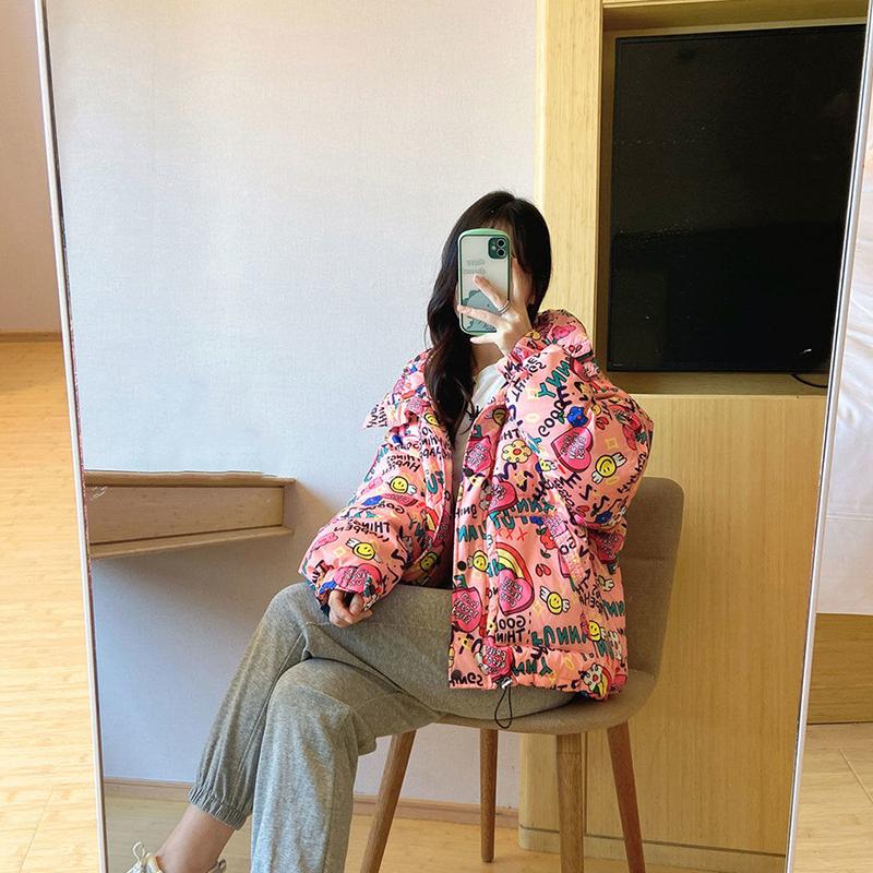 Women's Printed Short Down Jacket Winter Korean Style Loose Quilted Jacket Casual Stand-up Collar Hooded Padded Jacket Quilted Jacket