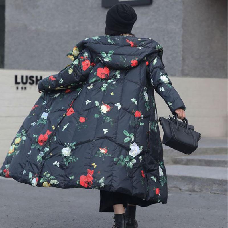Long Down Jacket Fashion Literary Print Hooded Cotton Jacket Lengthened Thick Loose Plus Size Windbreaker Jacket