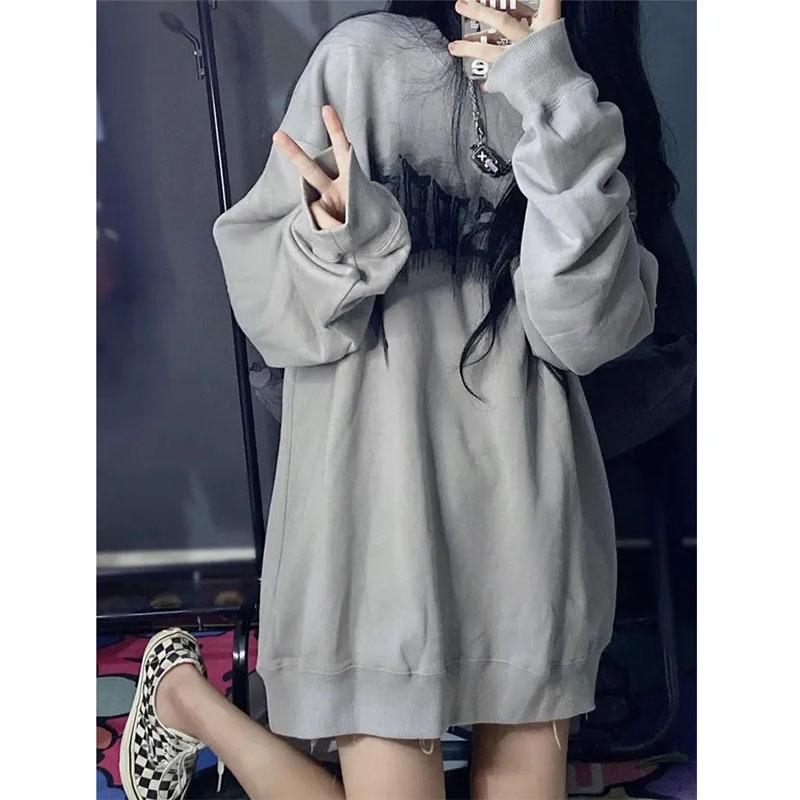 Women's Retro Three-dimensional Printed Sweater Spring and Autumn Thin Loose Round Neck Top Ladies Mid-Length Shirt Top