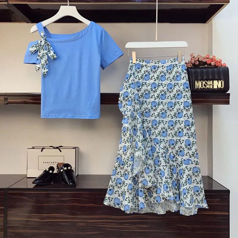 Summer Bow Knot One-shoulder Top Printed Skirt Suit Women's Summer Cool Breathable Chiffon A-line Skirt Short-sleeved T-shirt Two-piece Set